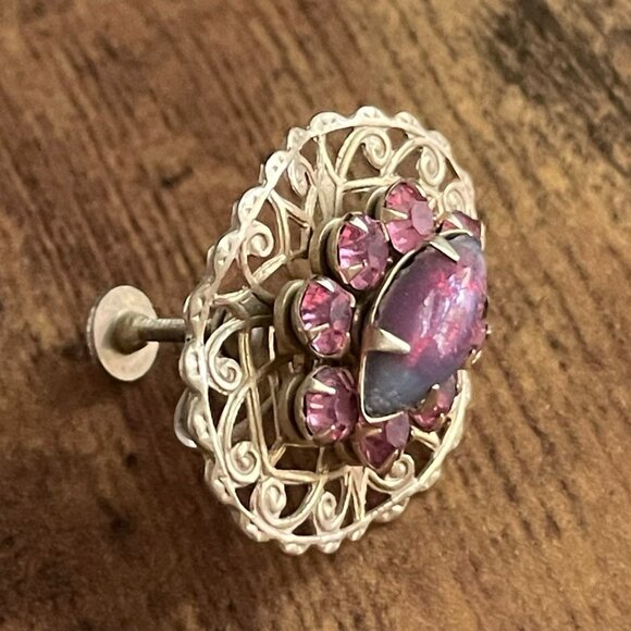 Vintage Dragon Breath Rhinestone Earrings Gold Tone Filigree Screwback Art Glass - Picture 5 of 15